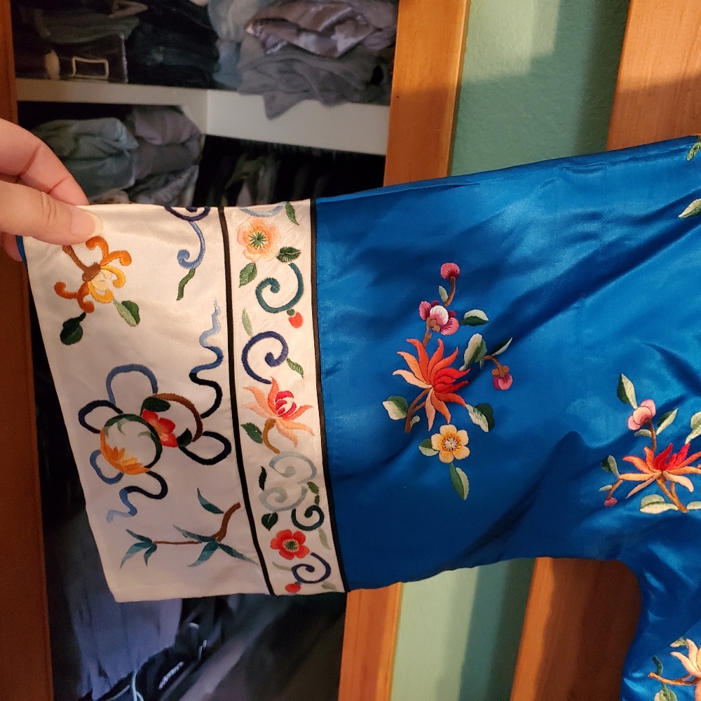 Blue Embroidered Satin Top with Floral Motif - Picture 11 of 16